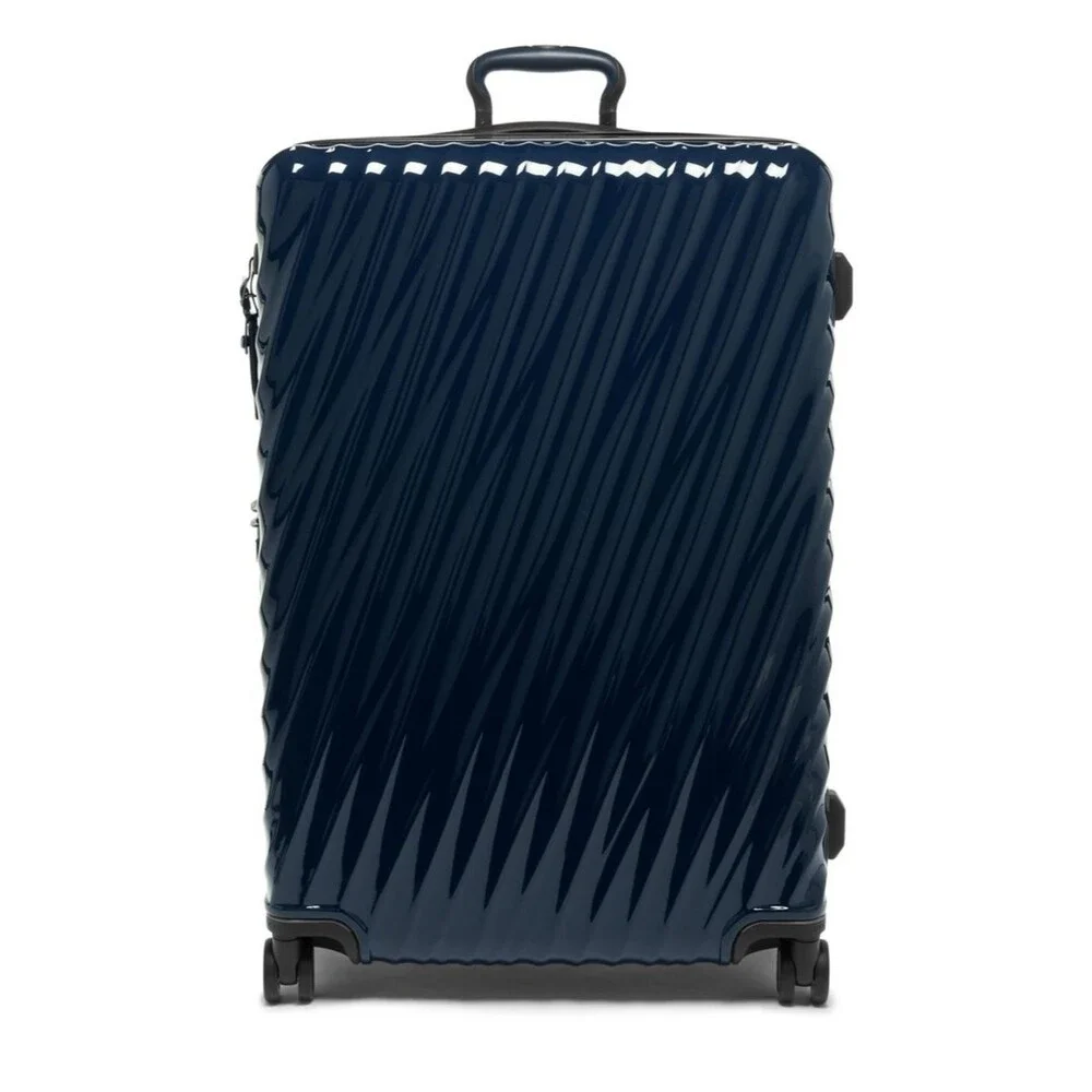 Tumi Large Expandable Checked Glossy Navy Hard-Shell Spinner Luggage suitcase